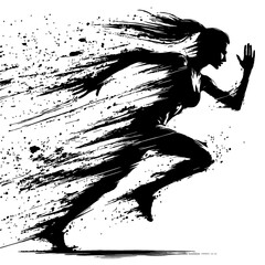 black and white silhouette with splashes of a girl running to the right