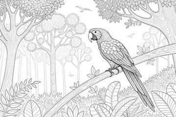 Obraz premium Coloring page for children: a parrot in the forest sits on a tree branch