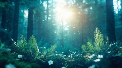 Fototapeta premium Enchanted Forest: Sunlight Through the Trees, Ferns and Flowers