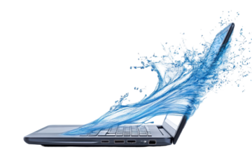 Dramatic visual representation of a laptop exploding with energy, showcasing vibrant colors and dynamic effects on a transparent background