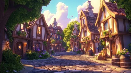 Fototapeta premium Cozy medieval village with timber-framed houses, cobblestone streets, and glowing windows under a vibrant sunset sky. Ideal for fantasy tales, games, and visual storytelling