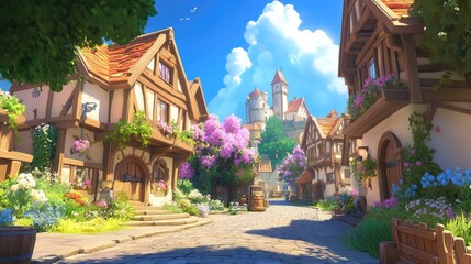 Obraz premium Vibrant medieval village adorned with timber-framed houses, blooming flowers, and a majestic castle under a bright sky. Ideal for fantasy settings, games, and storytelling