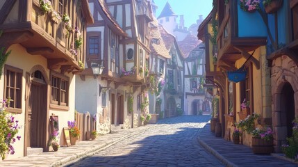 Enchanting medieval street with colorful half-timbered houses, vibrant flower boxes, and cobblestone paths. Ideal for storytelling, fantasy settings, or design inspiration