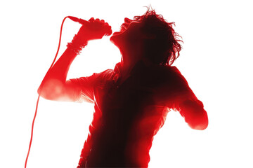Silhouette of a singer passionately performing with a microphone and bright red watercolor effects on a white background