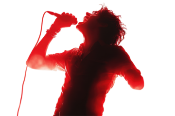 Silhouette of a singer passionately performing with a microphone and bright red watercolor effects on a white background