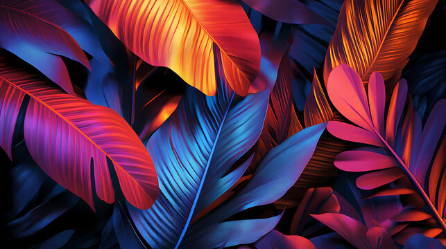 Abstract tropical leaves with bold colors, tropical, exotic summer paradise, copy space for text, retro background with copy space for banner, poster, invitation. Lush Tropical Paradise. Illustration