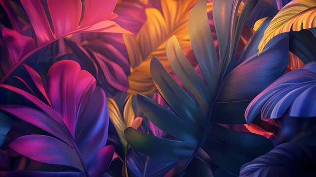 Abstract tropical leaves with bold colors, tropical, exotic summer paradise, copy space for text, retro background with copy space for banner, poster, invitation. Lush Tropical Paradise. Illustration