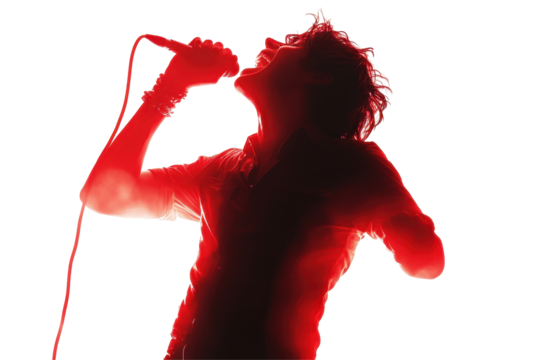 Silhouette of a singer passionately performing with a microphone and bright red watercolor effects on a white background