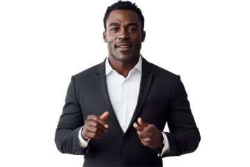 Man gesturing in a black sweater against a white background during an informal discussion or presentation