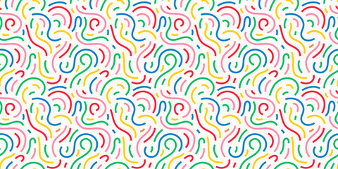 Fun colorful line doodle seamless pattern. Creative abstract squiggle style drawing background for children or trendy design with basic shapes. Simple childish scribble wallpaper print. 
