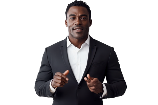 Man gesturing in a black sweater against a white background during an informal discussion or presentation