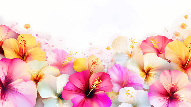 Fototapeta Bright vivid tropical hawaiian summer flowers frame border with transparent white background. Lush Tropical Paradise. Illustration