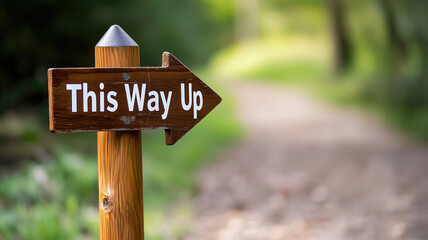 Wooden signpost with "This Way Up" text pointing along winding path in green outdoor setting