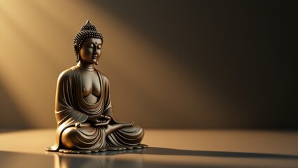 A Buddha sculpture softly illuminated, exuding calmness and kindness, creating a serene atmosphere.