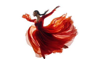 Elegant dancer in flowing red dress performs graceful ballet moves against a transparent background, showcasing artistry and movement