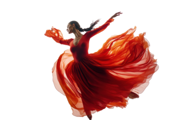 Elegant dancer in flowing red dress performs graceful ballet moves against a transparent background, showcasing artistry and movement