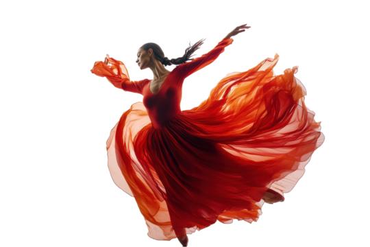 Elegant dancer in flowing red dress performs graceful ballet moves against a transparent background, showcasing artistry and movement