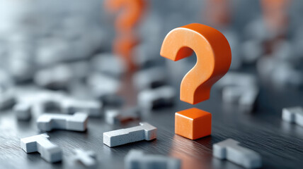 Orange question mark surrounded by blurred gray marks on reflective surface