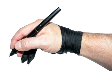 A pen for a graphic tablet in a human hand.A pen for drawing on a graphic monitor.A glove for a graphics tablet.