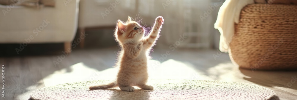 Poster playful kitten exploring a sunny living room during daytime hours while reaching for an imaginary to