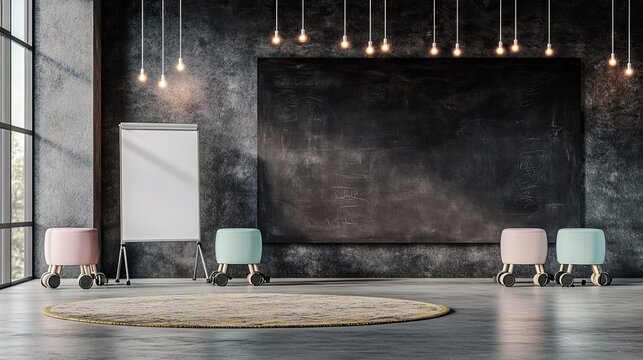 Corporate brainstorming area with a chalkboard-style writable wall