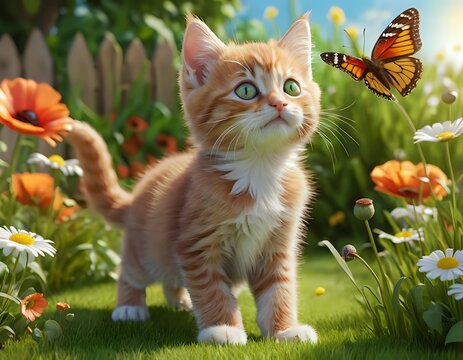 Ginger Kitten Gazes at Butterfly in Sunny Garden