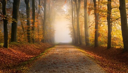Obraz premium panorama with fog on an alley within the autumn forest