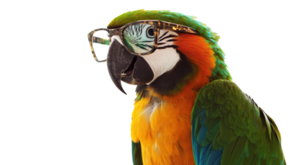 Parrot wearing glasses, isolated on transparent background
