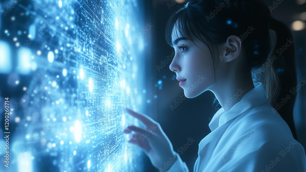 Poster Futuristic interaction with AI hologram in a high-tech environment