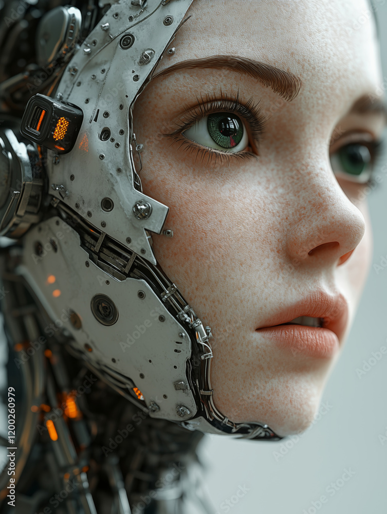 Poster close-up of an emotional humanoid robot face with intricate details