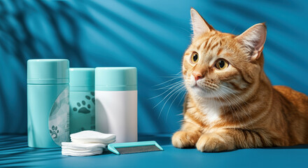 Fototapeta na wymiar Orange cat relaxing beside grooming products on a vibrant blue background