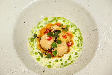 Artistic Gourmet Dish with Pomegranate and Microgreens
