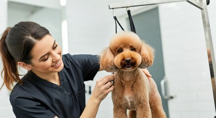 Grooming a poodle in a pet salon, showcasing care and professionalism
