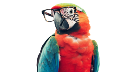 Parrot wearing glasses, isolated on transparent background