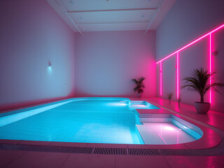 neon liminal space swimming pool interior