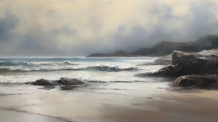 Obraz premium Seascape painting with muted colors. Dark cliffs and a sandy beach. Waves crashing onto the shore.