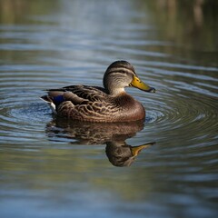 Obraz premium duck swimming. A gray and brown adult duck is swimming in the pond with yellow leaves.Wild female mallard duck 