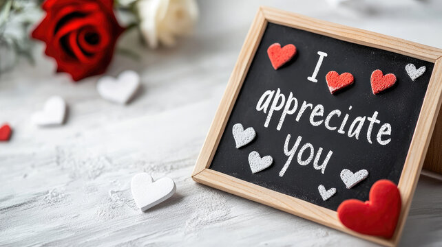 Romantic message on chalkboard with hearts and flowers
