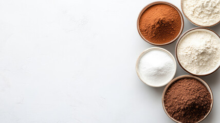 Various powders in bowls on white background, including cocoa and flour