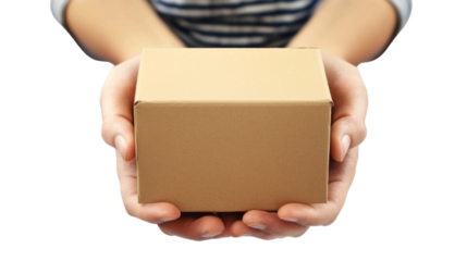 Person holding small cardboard box, isolated on transparent background
