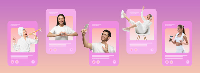 Influencer marketing. Social media posts of popular bloggers creating personal brand and online community, sharing viral content with their followers