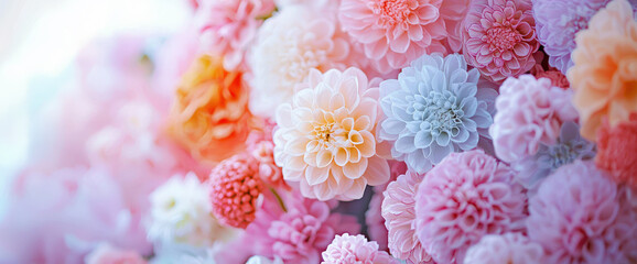 imagen macro abstracta con flores de crisantemo de colores pastel, amarillos, rosas, azules , amarillos y naranjas con fondo desenfocado