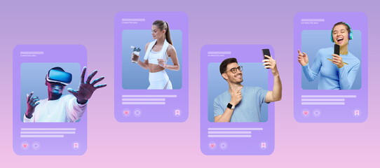 Content creators. Social media of popular bloggers promoting personal brand, sharing viral videos with their followers, using influencer marketing