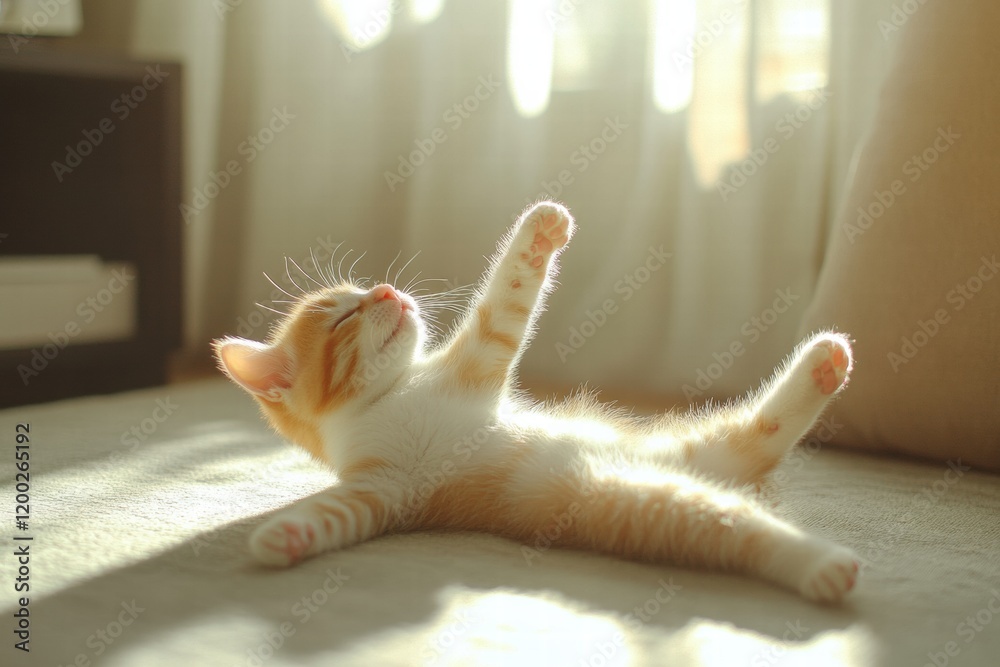 Aufkleber Kitten joyfully playing and relaxing in a bright sunny living room with soft sunlight streaming through the windows. Generative AI