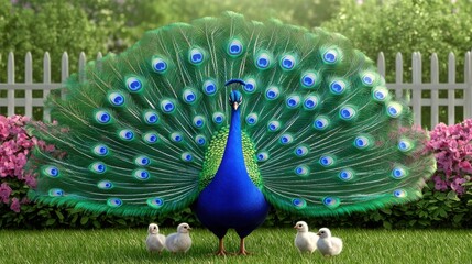 Obraz premium A stunning peacock with its iridescent tail spread wide, standing protectively over two small chicks on a lush, green lawn