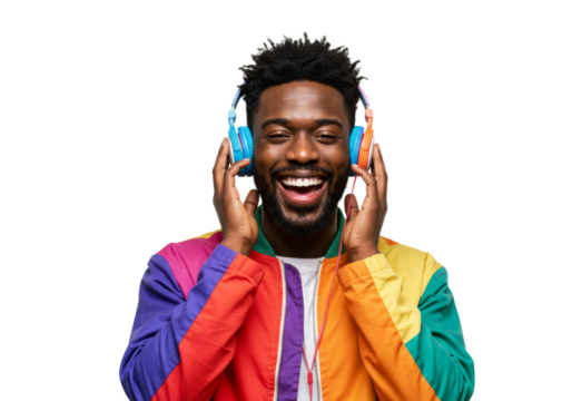 A colorful man wearing colorful headphones and enjoying music with a joyful smile , isolated on transparent background PNG