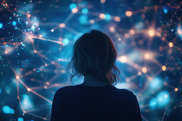 A view of a woman connecting to a stream of content. Visualization of viewing big data with viral videos, social media profiles.