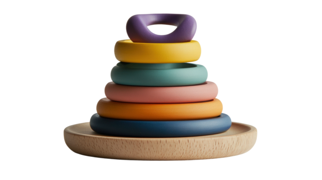 Colorful stacking toy set for early childhood development and playtime activities isolated on transparent background