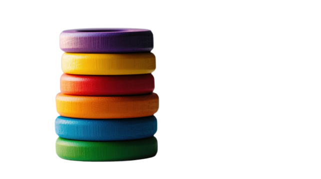 Colorful stacking rings in a playful arrangement for children's development activities isolated on transparent background