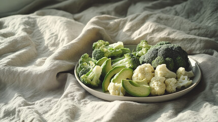 Wholesome Greens: A Plate of Broccoli, Cauliflower, and Avocado

